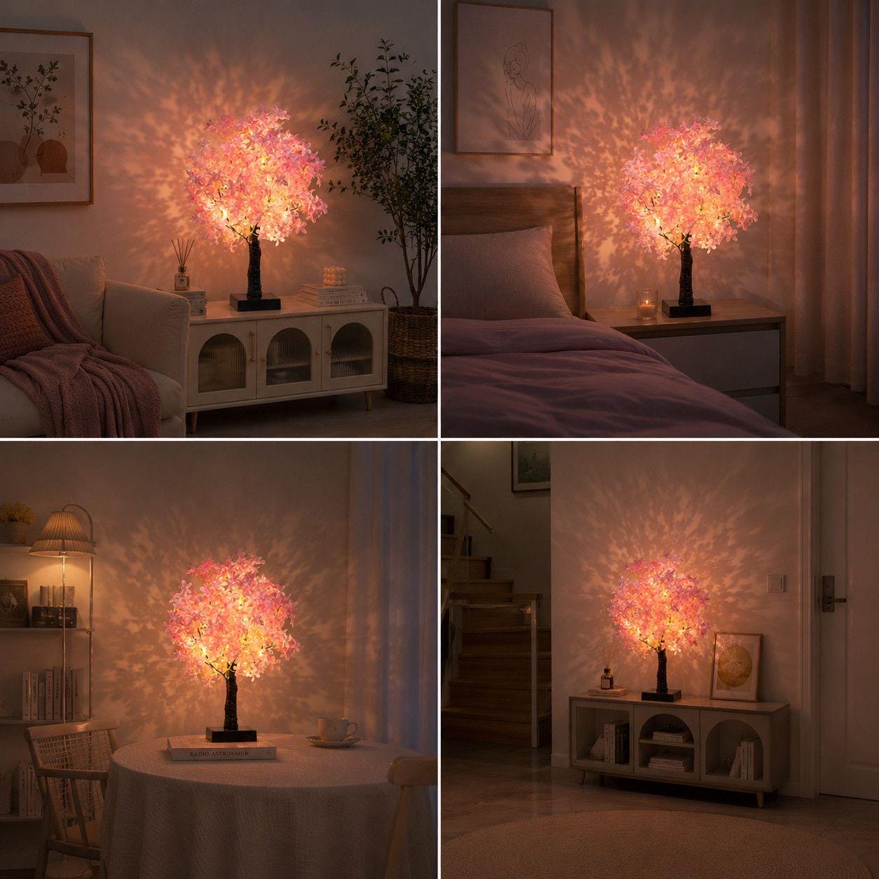 Purealm Cherry Blossom Tree Lamp Pink Floral Bonsai Fairy Light Desk Night Light