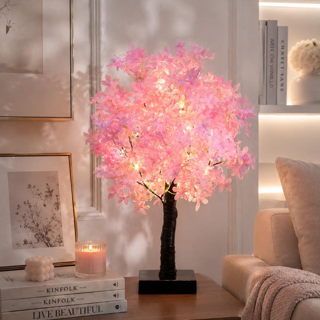 Purealm Cherry Blossom Tree Lamp Pink Floral Bonsai Fairy Light Desk Night Light